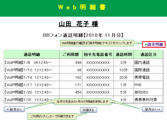 BBフォン通話料明細書